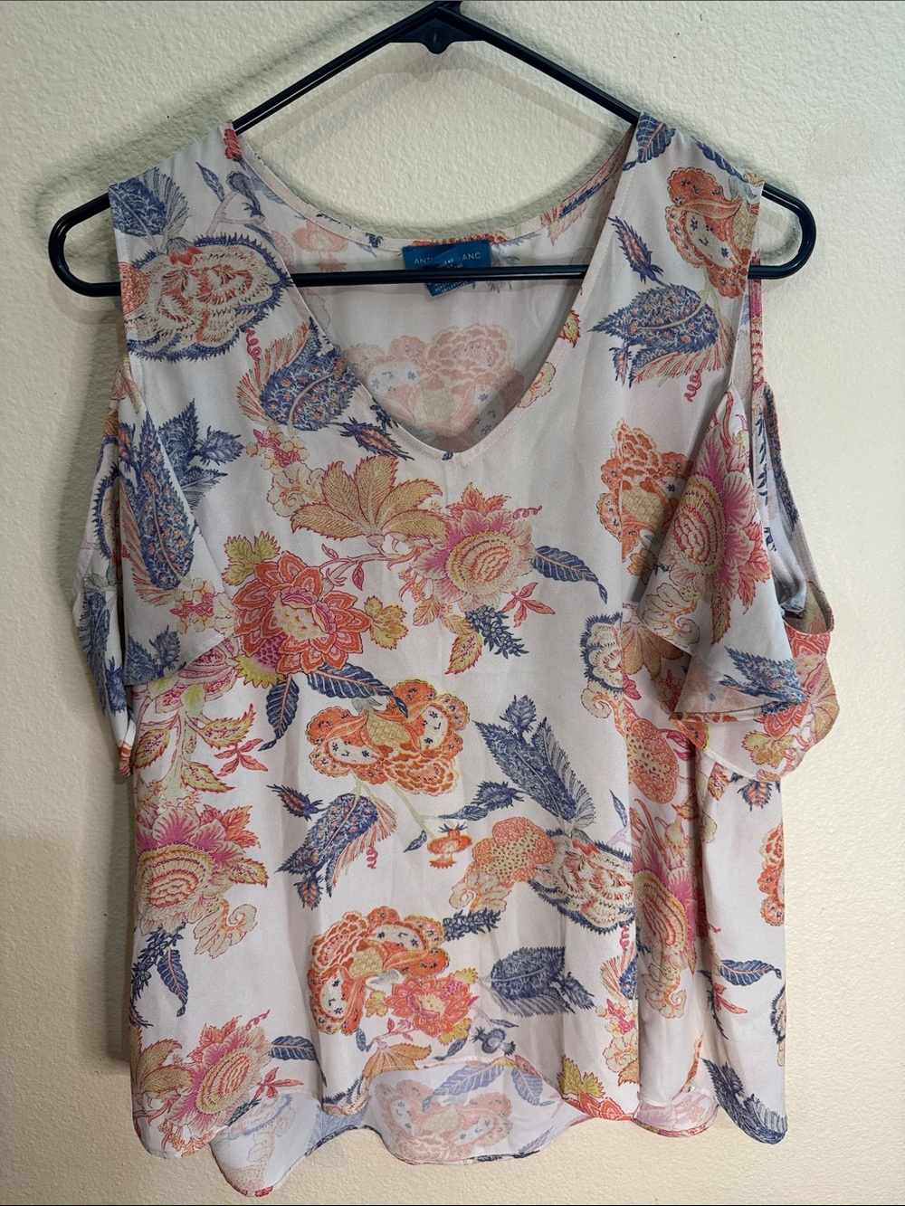 Floral Cold-Shoulder V-Neck Blouse - Pink/Blue/Gold